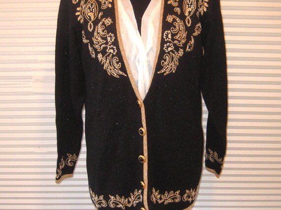 Vintage black cardigan sweater, metallic gold tri… - image 3