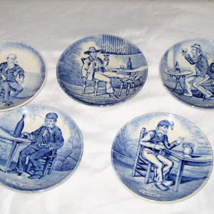 Vintage Blue and white display plate, set of five, Boch, deflt blue, portrait plate, collectible hanging plate, alcohol, vintage bar decor