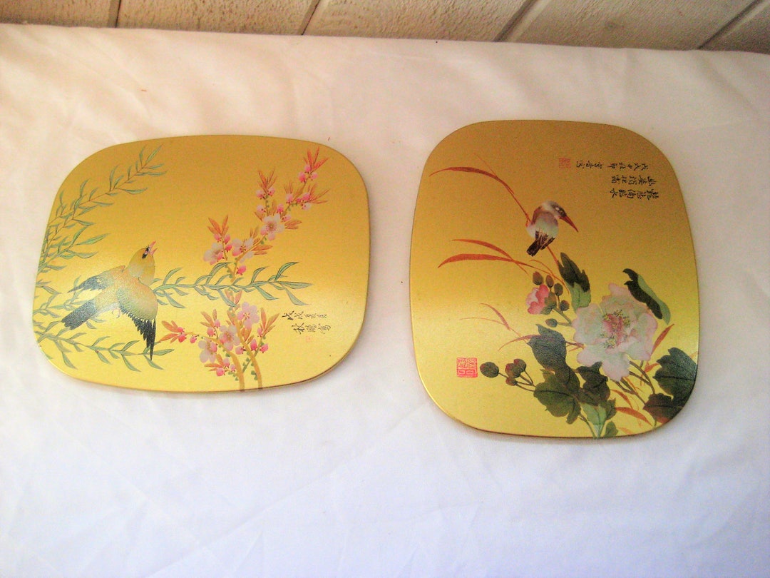 Gold Asian Trivet Set, Japanese Trivets, Exotic Birds, Pink Flowers