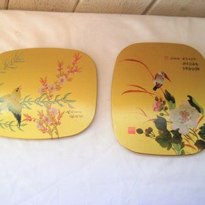 Gold Asian trivet set, Japanese trivets, exotic birds, pink flowers, cherry blossoms, foil trivet, mid century, Chinoiserie chic