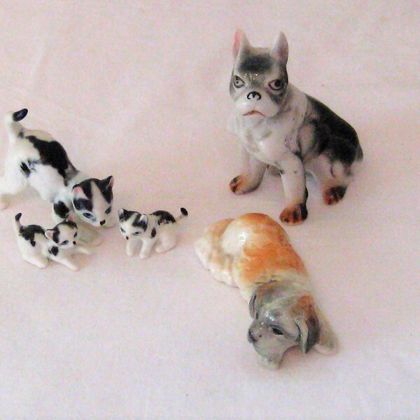 Vintage ceramic Boston Terrier bull dog black white, momma cat kittens, long hair orange puppy gray face floppy ears, Goebel 1980s W Germany