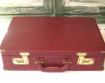 Vintage oxblood briefcase, burgundy 1980s combination briefcase rustic distressed vinyl faux vegan leather, gift for him