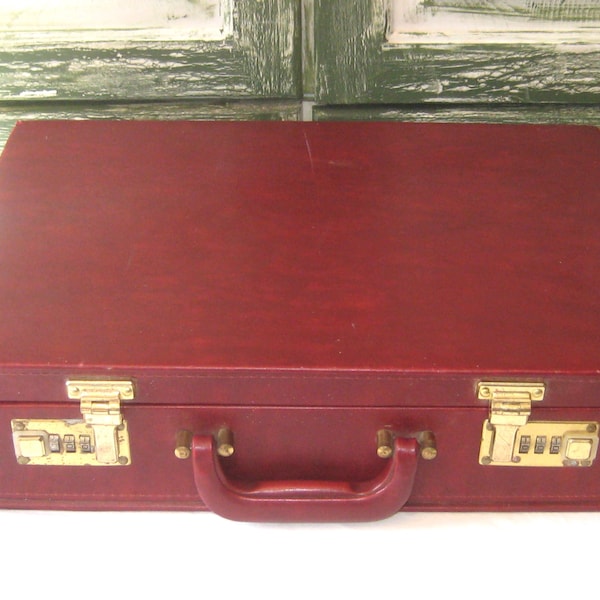 Vintage oxblood briefcase, burgundy 1980s combination briefcase rustic distressed vinyl faux vegan leather, gift for him