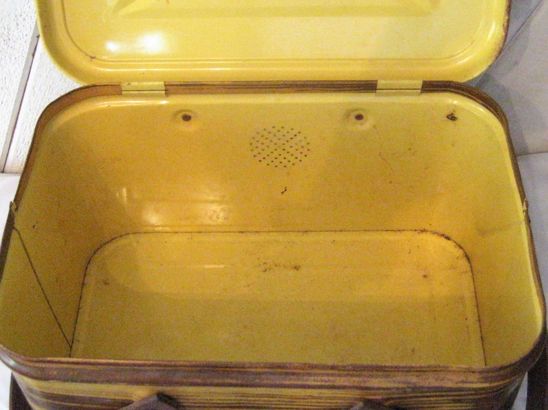 Antique Tin Metal Picnic Basket Bent Wood Handles Faux Wood Etsy