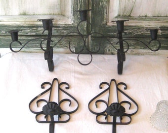 Vintage black metal wall candle holders set of three, votive 7 candlestick holders, trio curvy wrought iron, glass holders, 70s 80s