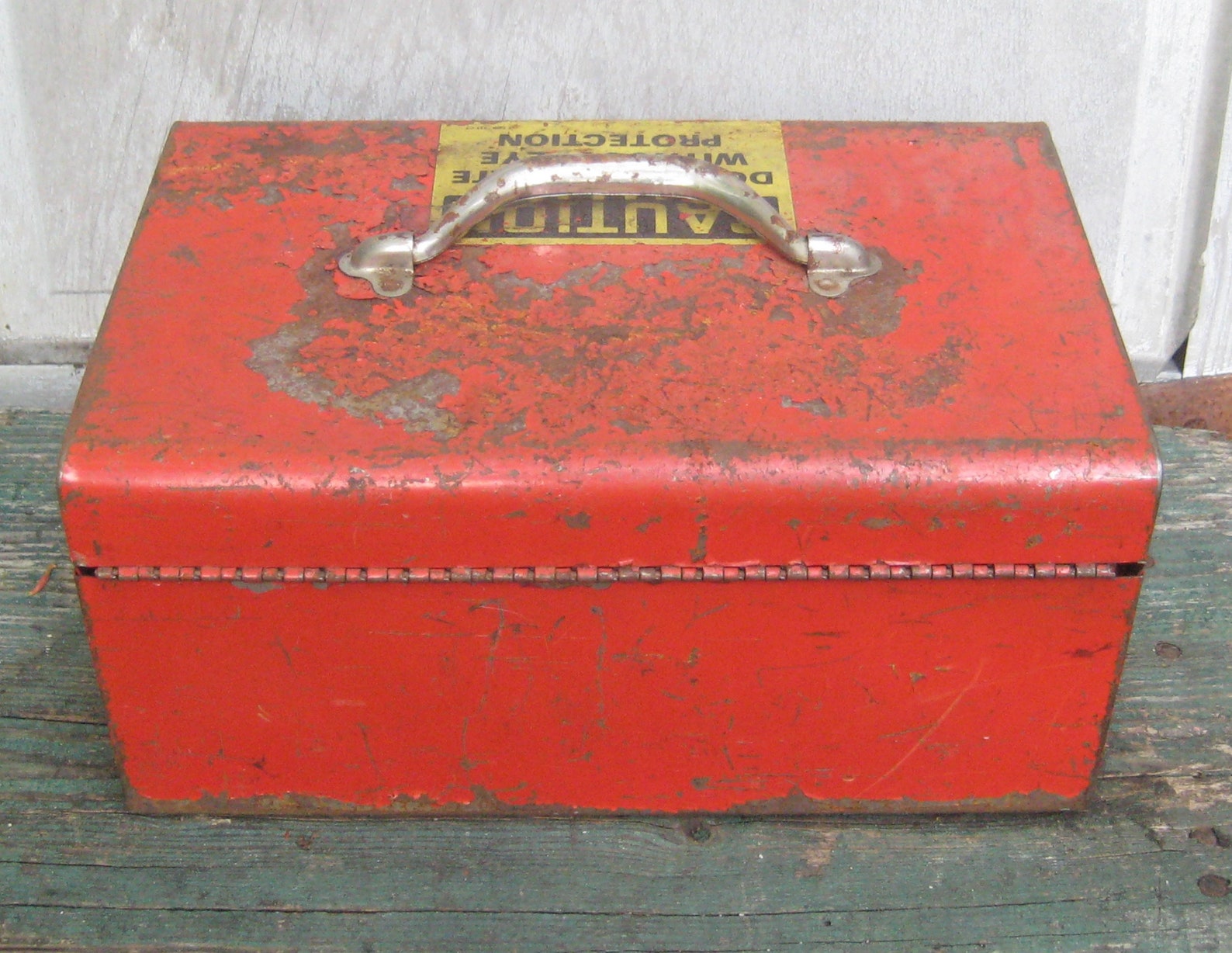 Red metal tool box hinged lid rustic distressed heavy metal Etsy