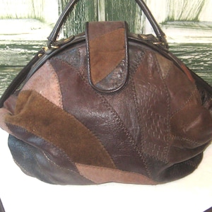 Vintage brown leather patchwork shoulder bag, top handle bag 1980s, 80s leather purse handbag, removable strap, bohemian hippie boho purse