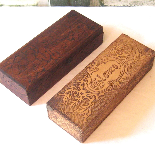 Antique hand carved wood box, dark brown beige wooden rectangle box, hinged lid early 1900s 10s 20s, glove box, vintage handmade OOAK