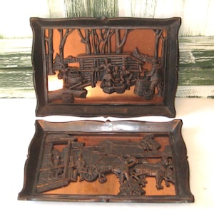 Vintage Kupfer Wandbehang, alte Zeit Szenen, Ahorn Zuckerzeit, dunkelbraune Kunststoffrahmen, Blockhaus Pferdekutsche Copper Craft Guild