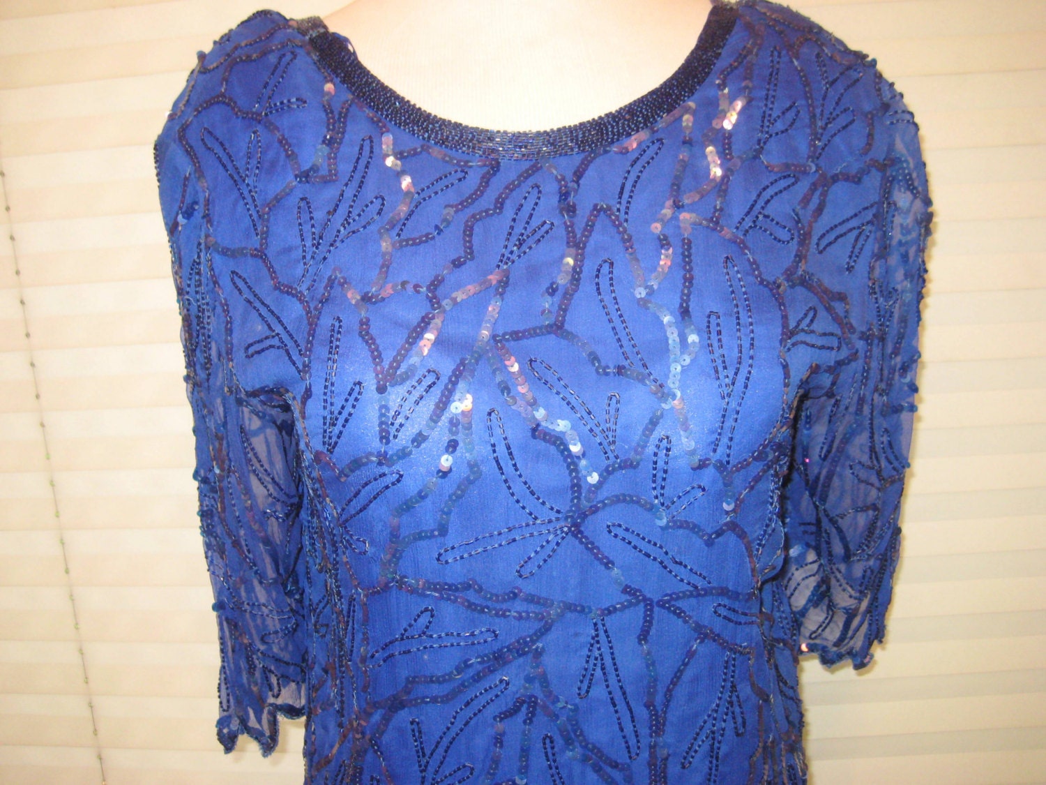 Royal Blue Sequined Blouse Beaded Blouse 80s 90s Formal - Etsy