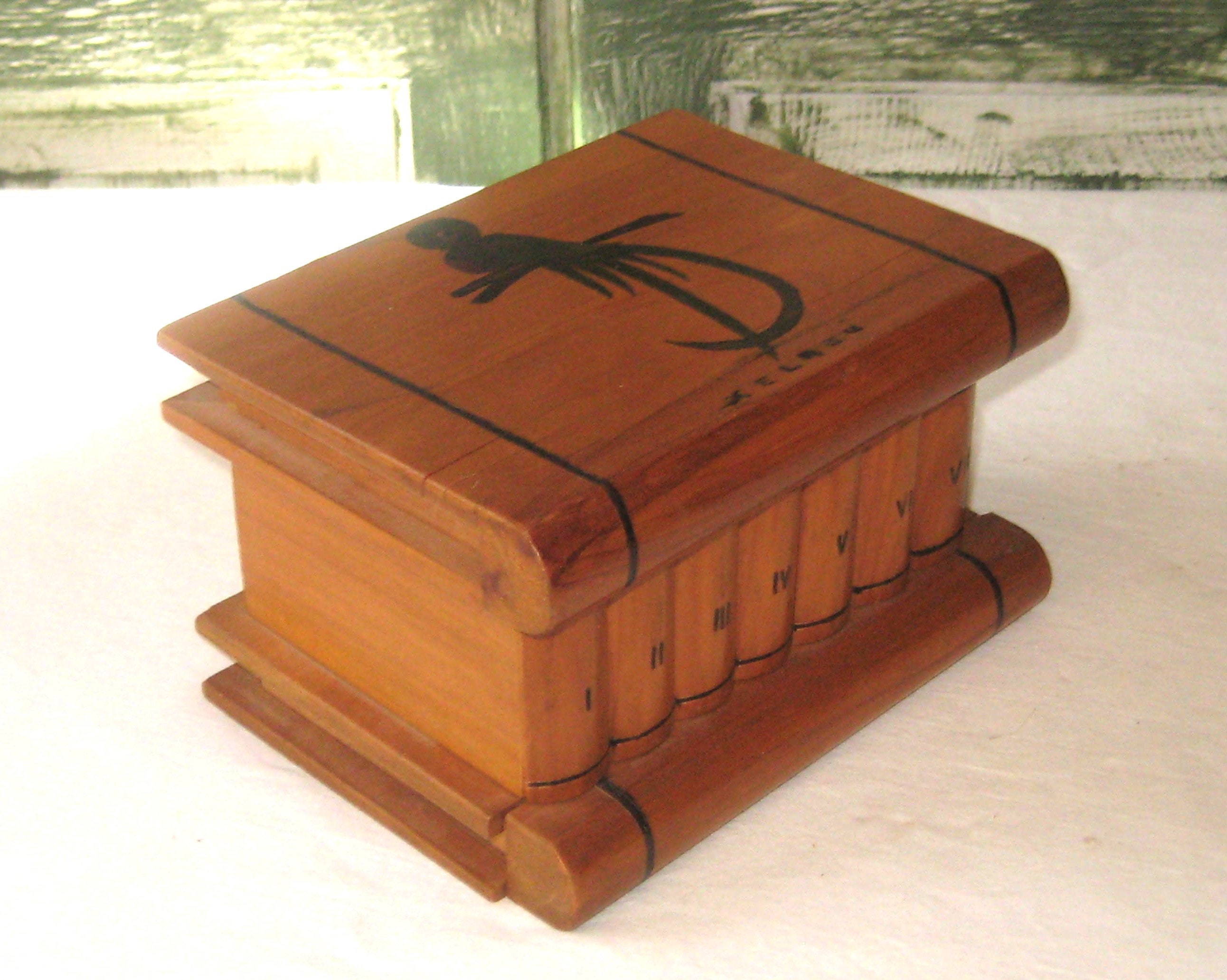 Vintage Wood Box, Hinged Lid, Faux Brown Wooden Book Exotic Parrot