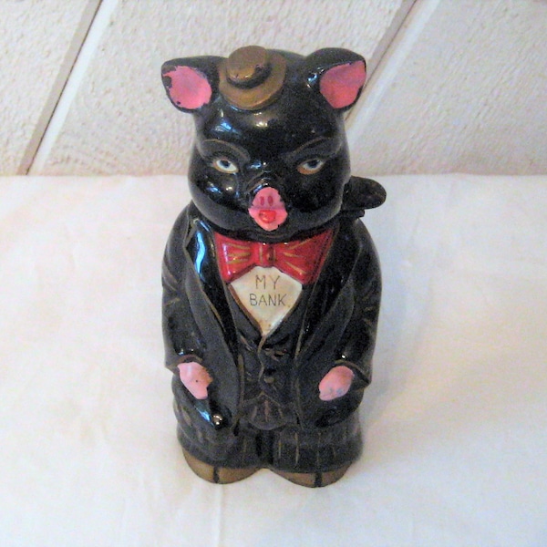 Clay black pig bank, piggy bank, antique mid century 40s 50s, Relco, made in Japan, rare unusual unique, collectible