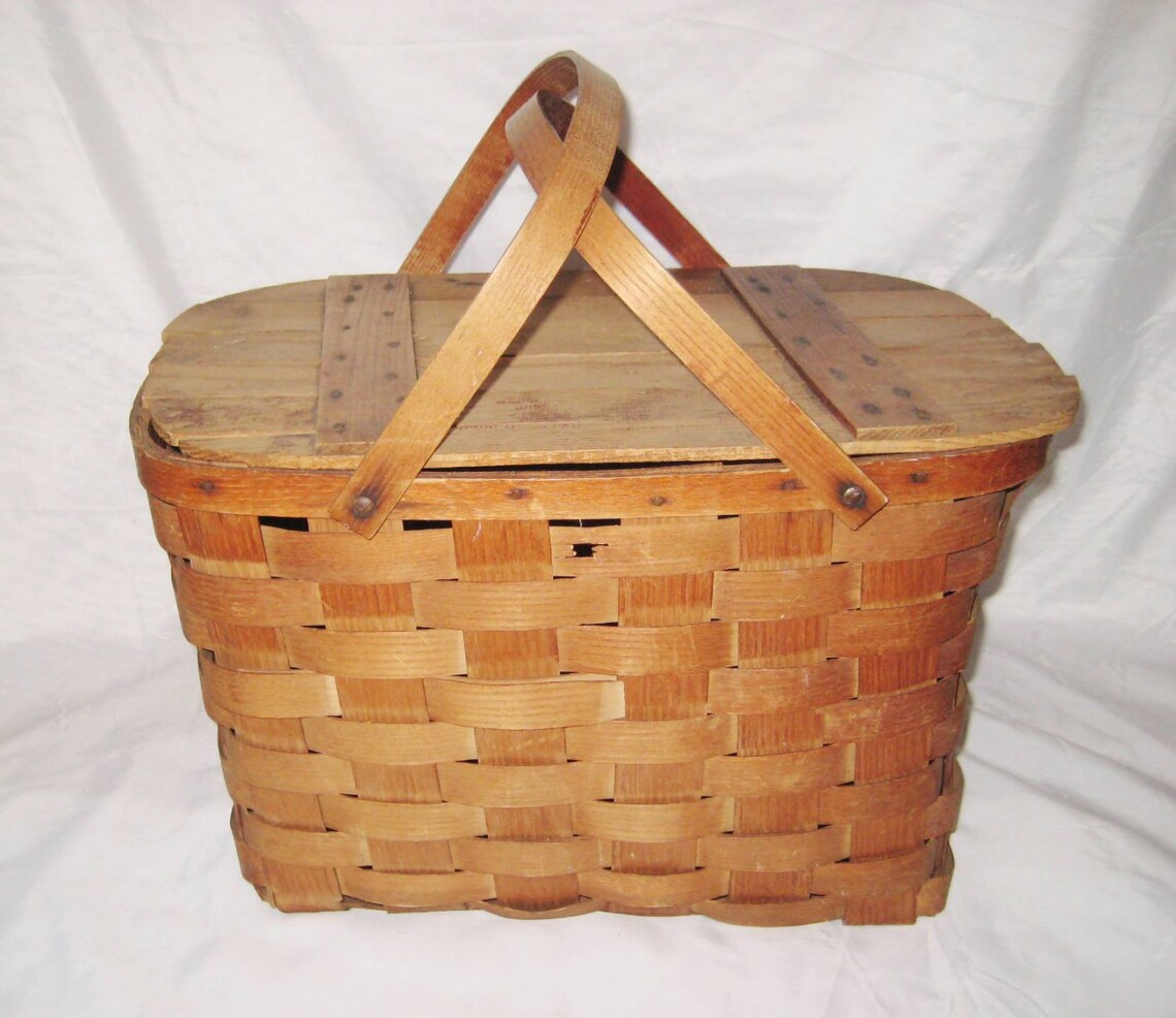 Woven Wood Picnic Basket Wooden Food Basket Mid Century Etsy