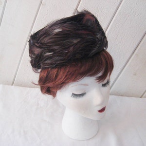 Brown velvet feather pillbox hat, beehive high crown, formal church Sunday hat, 50s 60s mid century