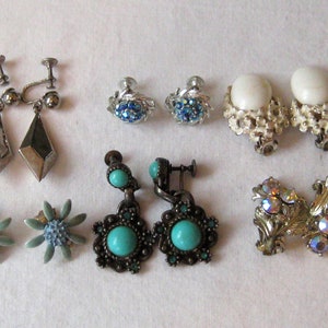 Collection of 6 screw back and clip on earrings, turquoise southwest, tiny blue flowers, silver tones, white enamel, dangle round formal