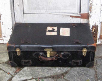 Antique Large Black Leather Suitcase, Steamer Trunk, Leather Military  Chest, Extra Large Black Luggage, Blanket Storage Chest, Early 1900s - Etsy
