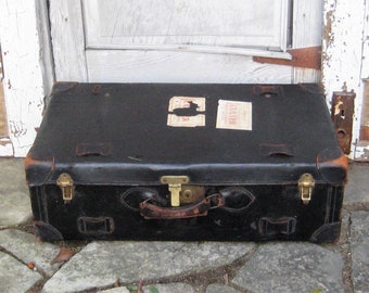 Antique large black leather suitcase, steamer trunk, leather military chest, extra large black luggage, blanket storage chest, early 1900s