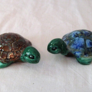 Vintage miniature turtle figurines, ceramic brown green blue colorful, pair of turtle statues, 80s 90s