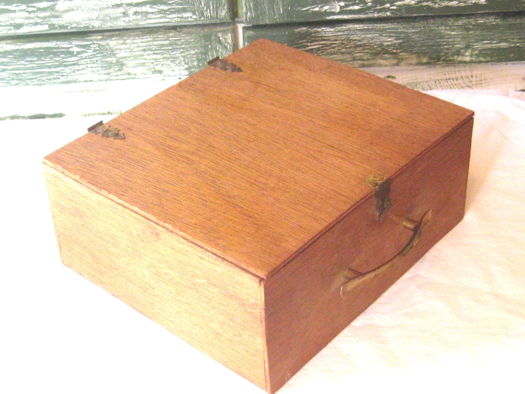 Antique Large Wood Box, Hinged Lid, Vintage Handmade Mid Century 50s