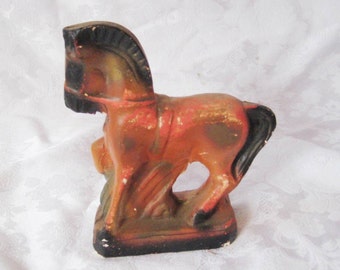 Antique Chalkware trojan horse, brown horse black mane tail,  vintage horse statue, collectible figurine, carnival prize 20s 30s 40s