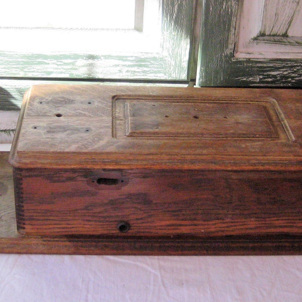 Extra large oak wood box, wooden chest, hinged lid, antique crank telephone case wall cabinet rustic primitive, dovetail corners early 1900s