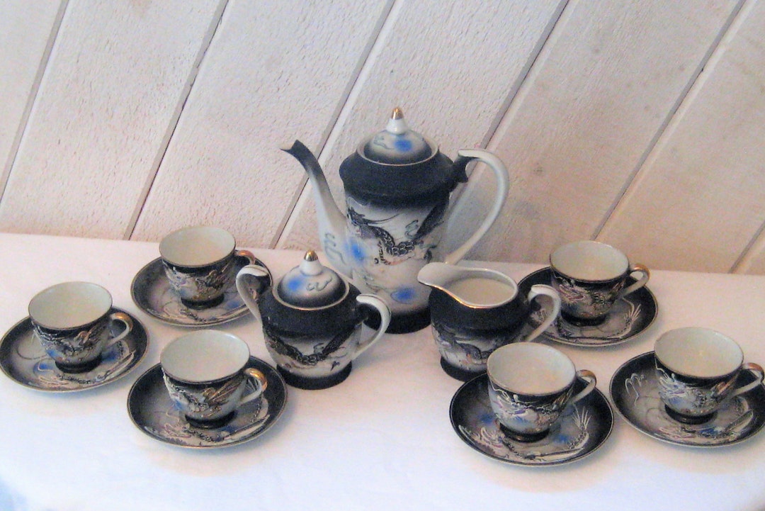 Embossed Dragons Demi Tea Cups, Very Ornate Antique Asian Teapot