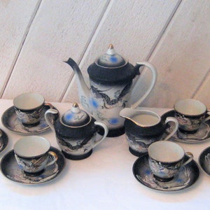 Embossed dragons demi tea cups, very ornate antique Asian teapot creamer sugar, early 19th century, rare unusual unique, chinoiserie chic