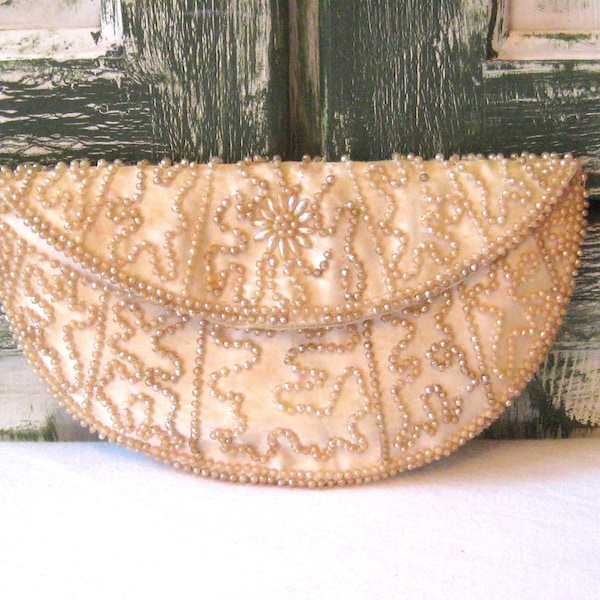 Antique champagne beaded clutch, half moon round shape, mid century 1950s, made in Japan, silk small formal handbag, petite purse