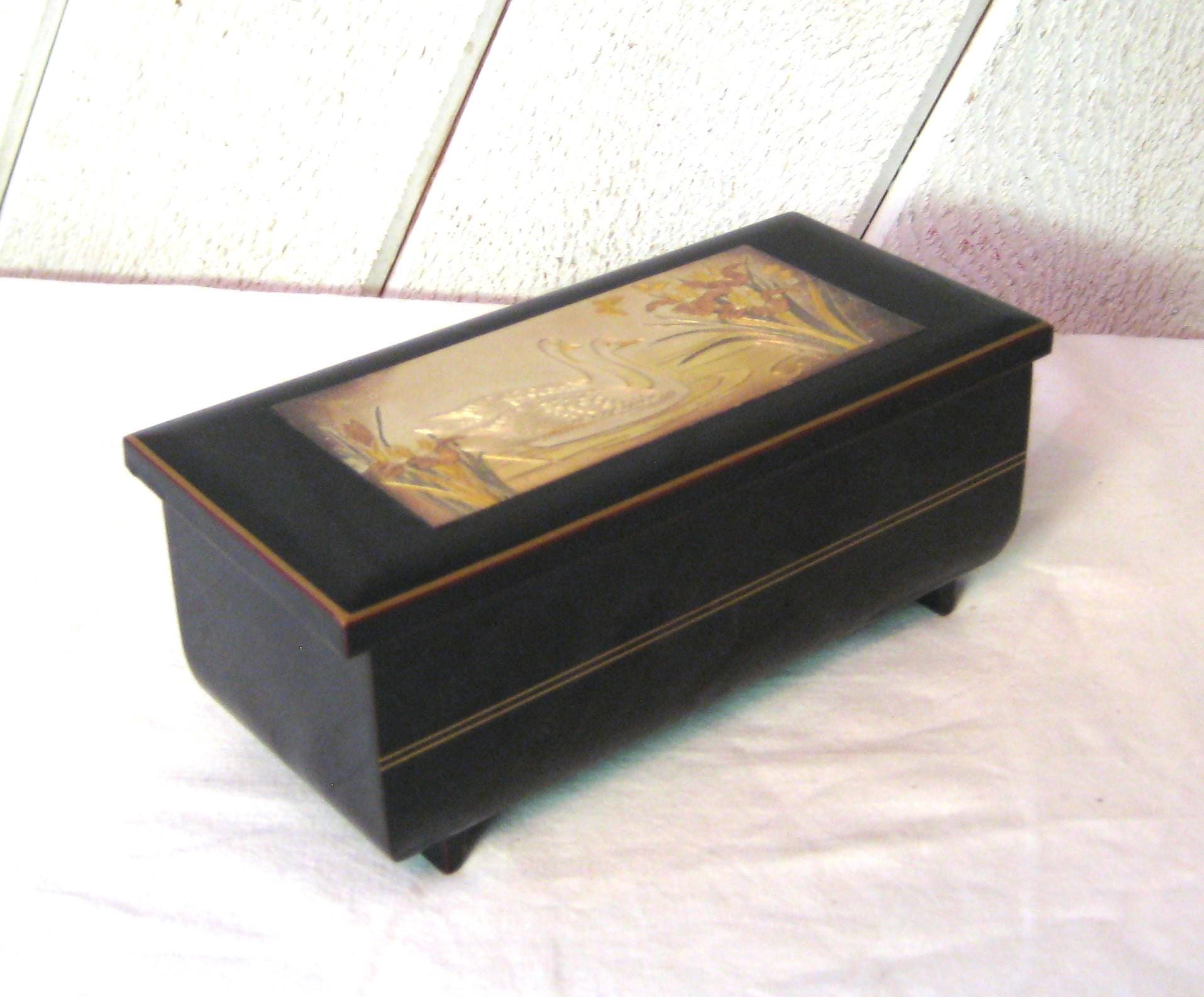 Vintage Asian Musical Jewelry Box, Plays Swan Lake, Pair Gold