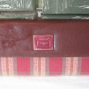 Cartera de mujer vintage, 70s 80s, cuadros beige rojo verde, piel sintética vegana marrón, fundas de fotos de plástico triples, hippie boho Longaberger