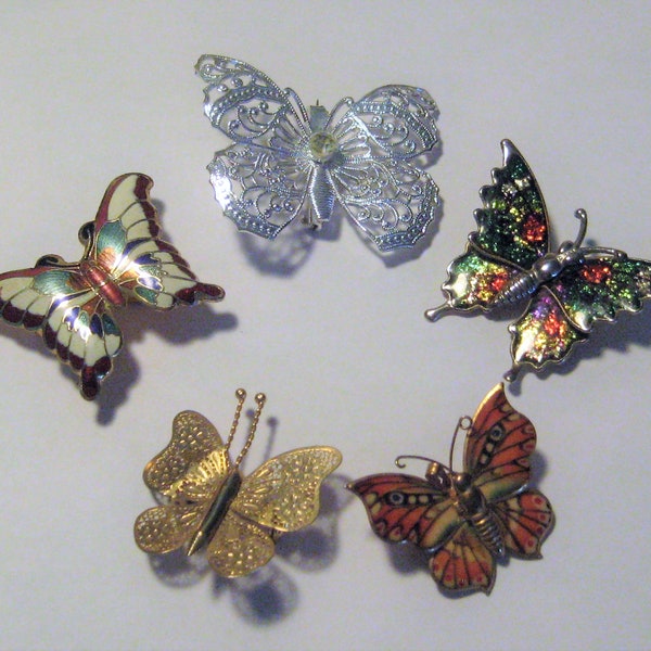 Collection of vintage butterfly brooches, enamel scarf clip, colorful monarch gold lapel pin, 70s 80s, iridescent green orange black yellow