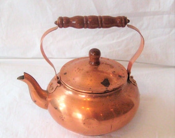 Petite copper teapot, metal boiling water kettle, four cups, one quart, wood handle rustic primitive country farmhouse decor, retro kitchen