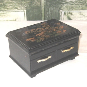 boîte à bijoux vintage en plastique noir, miroir de design floral asiatique marron beige, petite boîte souvenir de bibelots, milieu des années 60 et 70 fabriqué à Hong Kong