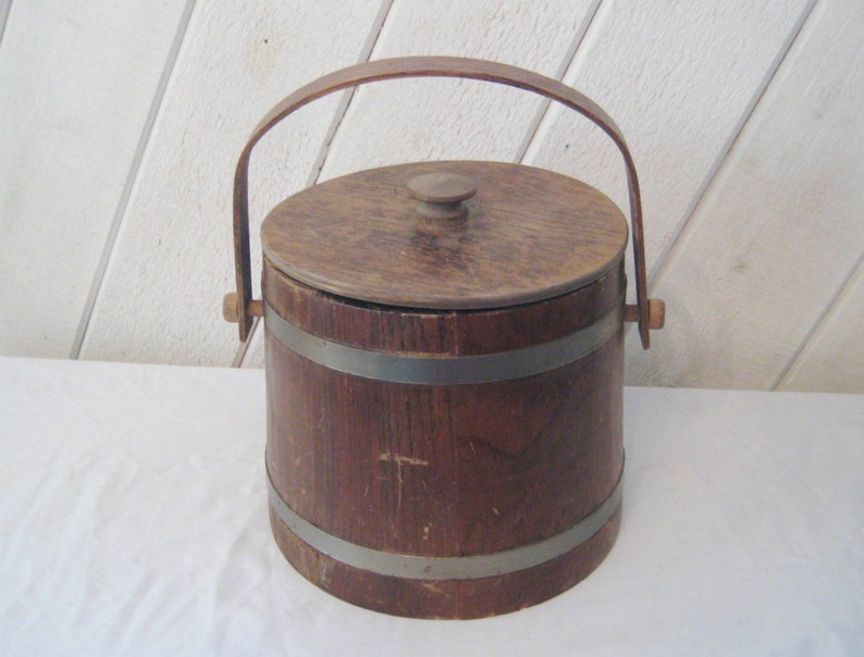 Firkin Ice Bucket Wood Barrel Distressed Rustic Mid Century 1950s