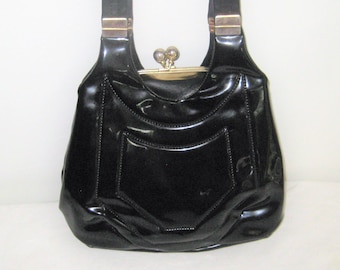 Vintage black patent leather handbag, shoulder bag, top handle compartment black leather purse, mid century, 1950s, made in USA