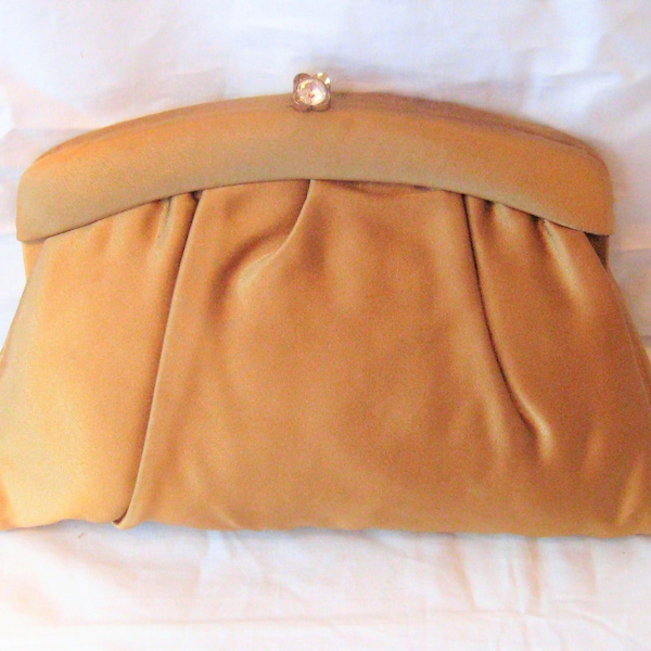 Formal Gold clutch, gold silk fabric small handbag, attached silk coin purse, large rhinestone clasp, mid century, 40s 50s, pocket mirror