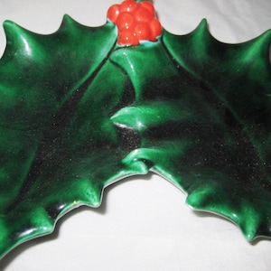 Green Holly leaf divided plate, red berries serving plate, vintage Christmas dish, candy nut bowl holiday decor handmade ceramic project 70s