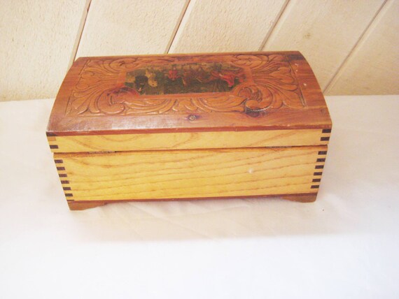 Decorative Cedar Box With Mirror Hand Carved Box Hinged Lid Hunting Scene Gift For Him Mens Jewelry Box Domed Lid Mid Century