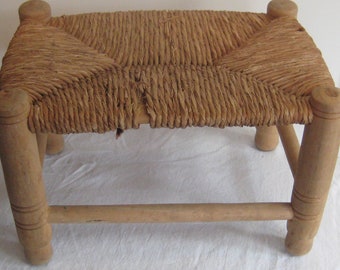 Vintage wood foot stool, woven straw seat, natural beige wood, mid century 50s 60s 70s, rustic primitive southwest farmhouse decor