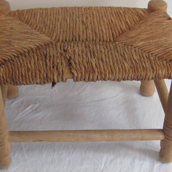 Vintage wood foot stool, woven straw seat, natural beige wood, mid century 50s 60s 70s, rustic primitive southwest farmhouse decor