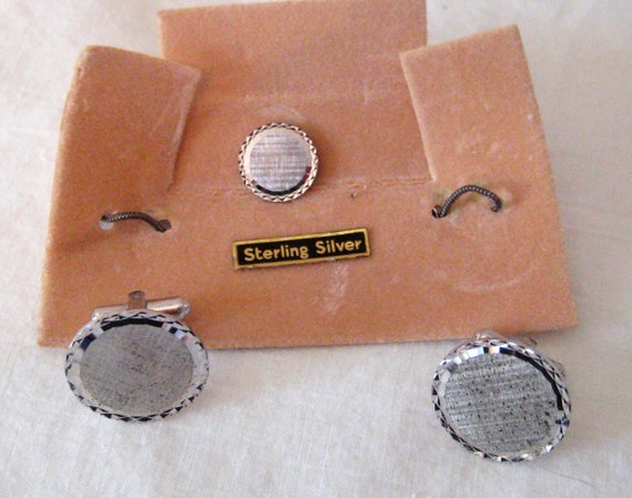 Vintage sterling silver round cuff links tie clip… - image 5