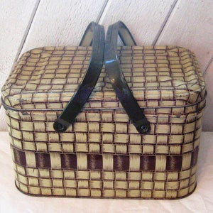 Tin metal picnic basket, mid century, beige brown woven design, 50s 60s, medium size, craft sewing box storage, rustic primitive collectible