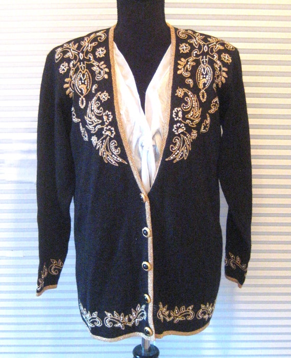 Vintage black cardigan sweater, metallic gold tri… - image 2