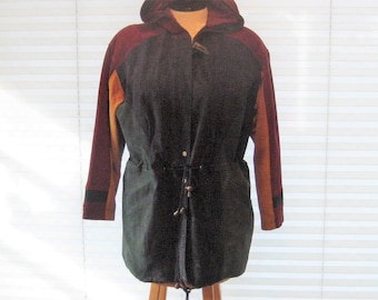 Vintage unisex Suede parka coat, colorful blocked patchwork jacket, navy, burgundy, yellow, 80s warm winter coat, medium large XL, hooded