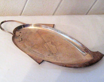 Vintage silverplate oval tray, decorative handle, oblong metal fish sushi serving tray, food orderve, mid century, 50s 60s, two available