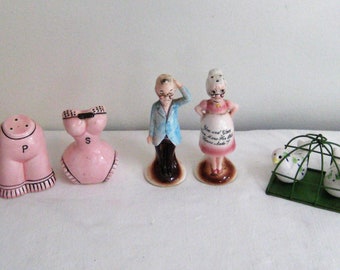 Vintage salt pepper shakers, pink bloomers corset, ladies underwear, old man pregnant woman, ceramic birds green metal cage, collectible S P