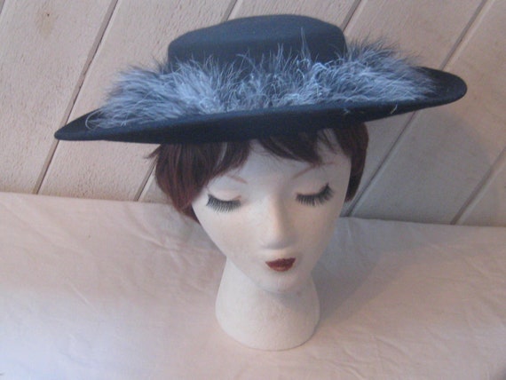 Wide brim black wool hat with ostrich feathers, t… - image 2