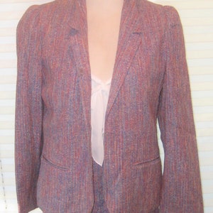 Vintage women's suit, blazer pleated skirt, blue, red, purple tweed, cotton wool silk, everday office suit, Peabody House, size medium, 80s