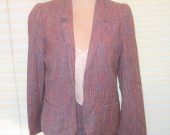 Vintage women's suit, blazer pleated skirt, blue, red, purple tweed, cotton wool silk, everday office suit, Peabody House, size medium, 80s