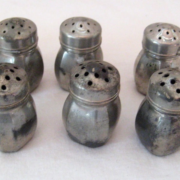 Antique miniature salt and pepper shakers, sterling silver gray pewter, tiny personal S & P, Victorian 1800s early 1900s, collectible rare